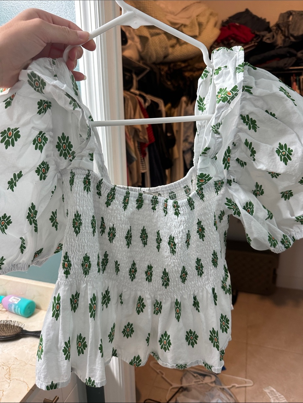 Moon River White Smocked Crop Top with Green Floral Motif